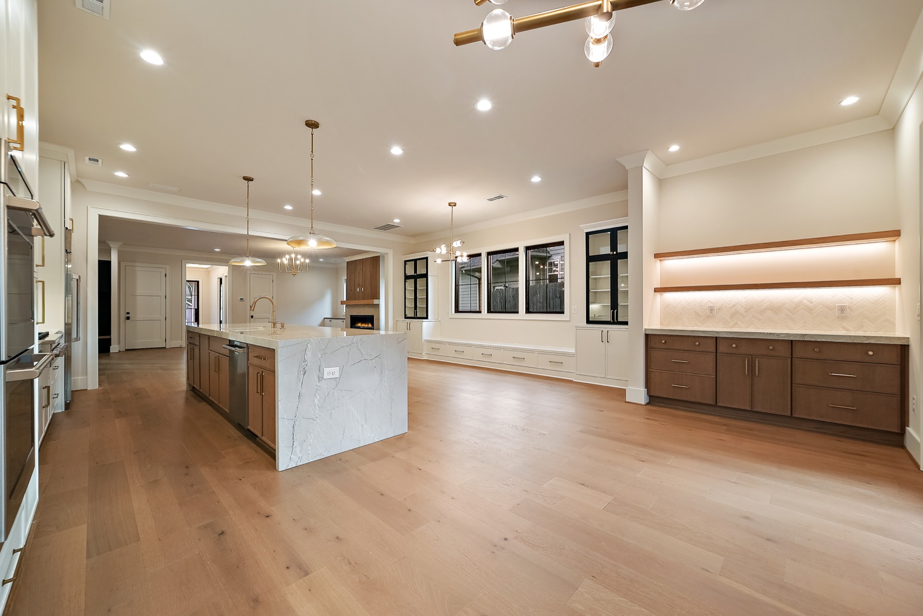 Kitchen and dining area with built-in cabinetry