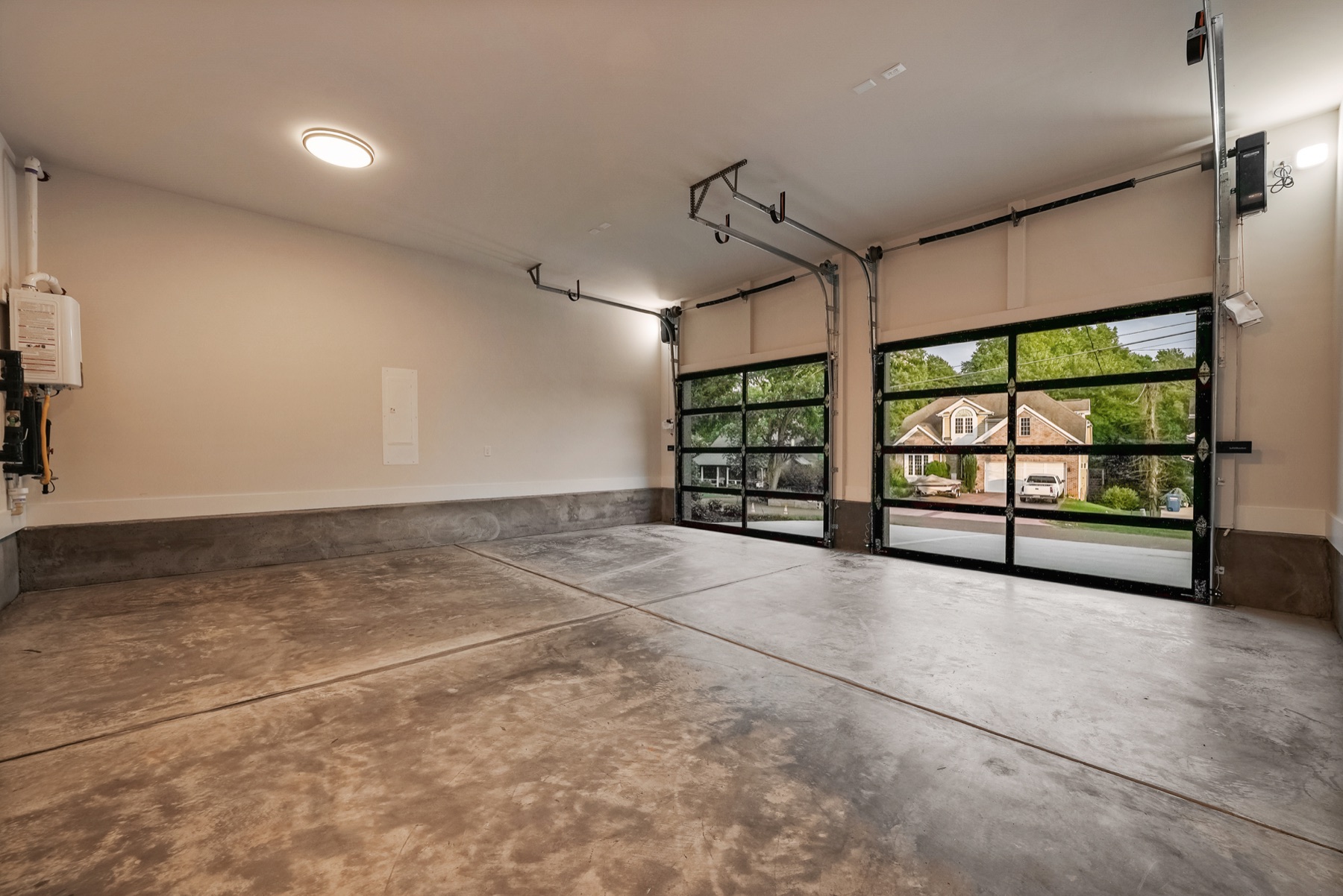 Garage with glass panel doors